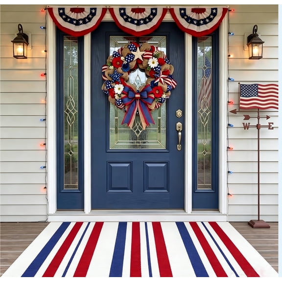 4th of July Door Mat Set, Layered Welcome Mats Combo with Red White Striped Rug & Natural Coir Doormat, Patriotic American Flag Front Porch Decor for Independence Day Memorial Day B