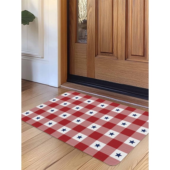 4th of July Door Mat Indoor Outdoor Entrance,Non Slip Small Rug for Kitchen Bathroom Entryway Rug,Independence Day Red White Plaid Blue Star Washable Doormat Floor Mat for Office Home 16x24 Inch