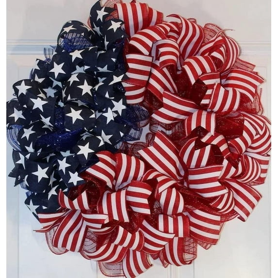 4th of July Door Wreath - Red White and Blue Wreath, Patriotic Wreath Independence Day Farmhouse Wreath, Burlap Red White Blue Wreath Bow Memorial Day Garland 4th of July Decorations