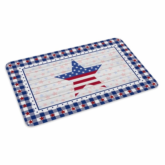 4th of July Doormat Outdoor Entrance 16"x24", American Flag Star on Wood Blue Checkered Absorb Moisture Dirt Door Mats, Non-Slip Rubber Backing Floor Mats Indoor, Low-Profile Front Door Rugs