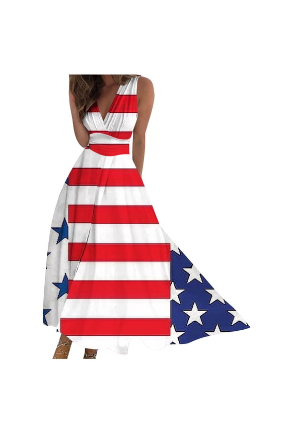 4th of July Dress Sleeveless for Women American Flag Maxi Long Dress Red and Blue Stripes and Stars Cropped Ankle Length Patriotic V Neck Dresses, Red (Medium)