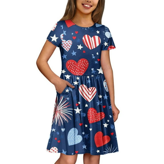 4th of July Dresses for Girls American Flag Dresses Short Sleeve Independence Day Stars Striped Lightweight Dresses Size 10-12 Outdoor Outfits with Pockets