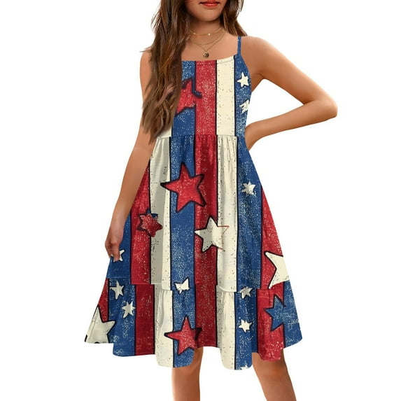 4th of July Dresses for Girls Patriotic American Flag Dresses Sleeveless Independence Day Stars Striped Patriotic Dress Size 10-12 Midi Dresses with Pockets