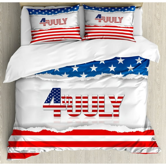 4th of July Duvet Cover Set, American Flag Old Glory Design with Stars and Stripes Pattern Patriotic Image, Decorative 3 Piece Bedding Set with 2 Pillow Shams, Queen Size, Multicolor, by Ambesonne