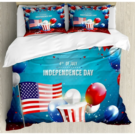 4th of July Duvet Cover Set, Celebration of the Important Day Uncle Sam Hat Flag Balloons, Decorative 3 Piece Bedding Set with 2 Pillow Shams, Calking Size, Blue Red and Pearl, by Ambesonne