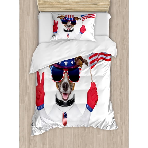 4th of July Duvet Cover Set, Funny Pet Dog with an Uncle Sam Hat Holding a Peace Sign and an American Flag, Decorative 2 Piece Bedding Set with 1 Pillow Shams, Twin Size, Multicolor, by Ambesonne