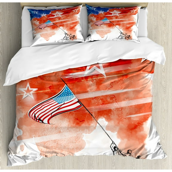 4th of July Duvet Cover Set King Size, Watercolor Artwork of a Historical Scene Planting the American Flag Design, Decorative 3 Piece Bedding Set with 2 Pillow Shams, Multicolor, by Ambesonne