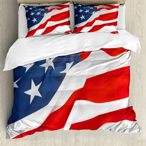 4th of July Duvet Cover Set, Patriotic Design Close Up Image of American National Flag Art Print, Decorative 3 Piece Bedding Set with 2 Pillow Shams, Calking Size, Off White Multicolor, by Ambesonne