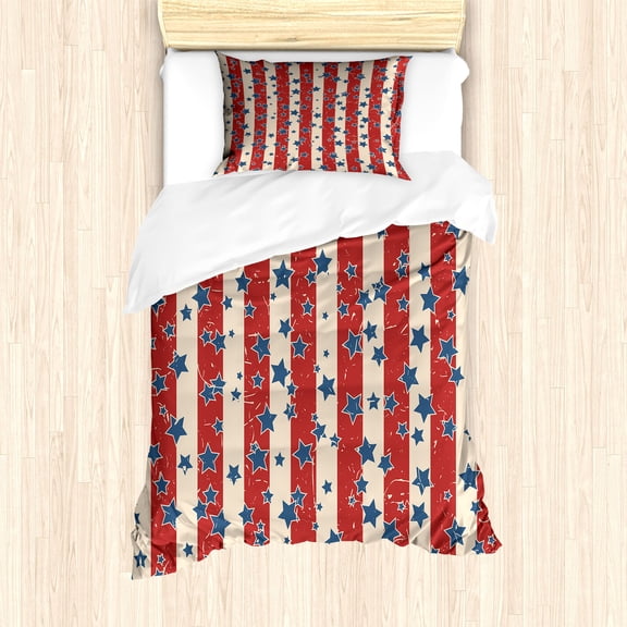 4th of July Duvet Cover Set, Patriotic Stars and Repetitive Stripes in Vertical Design Image, Decorative 2 Piece Bedding Set with 1 Pillow Shams, Twin Size, Beige Rust and Night Blue, by Ambesonne