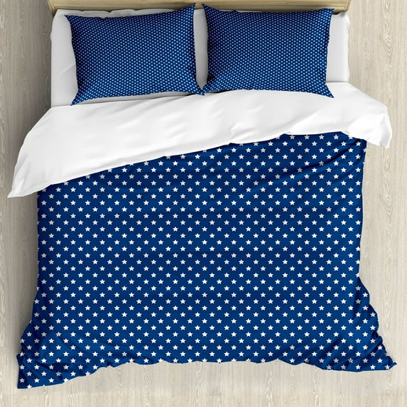 4th of July Duvet Cover Set, Repetitive Design American Patriotic Stars Illustration Party Print, Decorative 3 Piece Bedding Set with 2 Pillow Shams, Queen Size, Night Blue Off White, by Ambesonne
