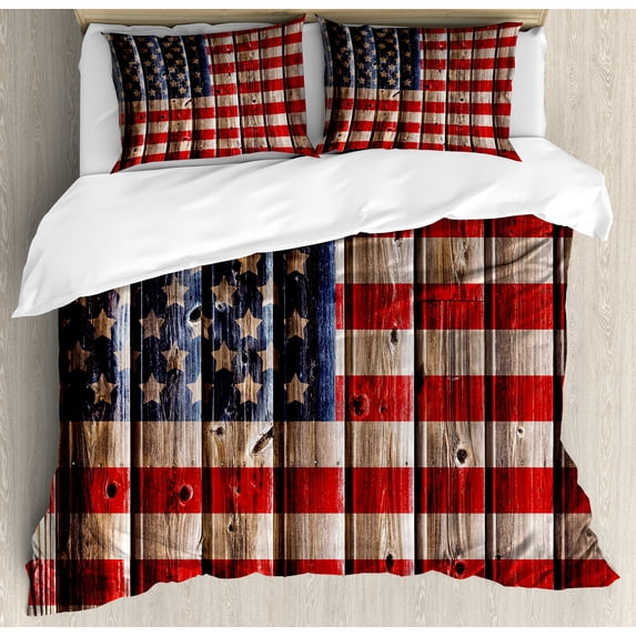 4th of July Duvet Cover Set, Rustic Backdrop American Flag Design Wooden Boards Design, Decorative 3 Piece Bedding Set with 2 Pillow Shams, Queen Size, Vermilion Navy Blue, by Ambesonne