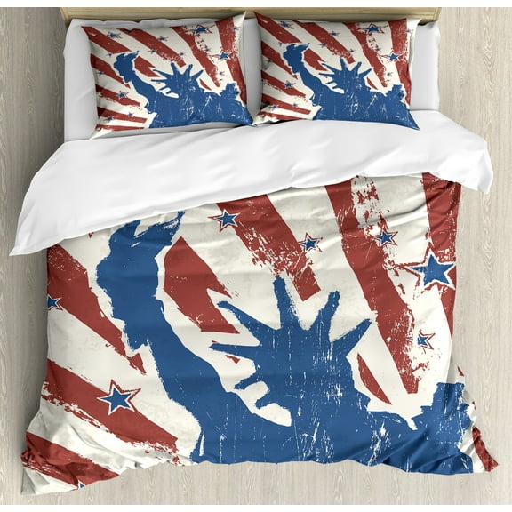 4th of July Duvet Cover Set, Sketch Style Liberty Grunge Stripes and Stars Pattern Print, Decorative 3 Piece Bedding Set with 2 Pillow Shams, Queen Size, Beige Navy Blue Ruby, by Ambesonne