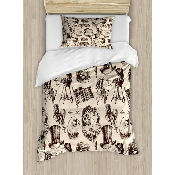 4th of July Duvet Cover Set, Vintage Americana Elements National Loyalty Culture Design, Decorative 2 Piece Bedding Set with 1 Pillow Shams, Twin Size, Beige and Army Green, by Ambesonne