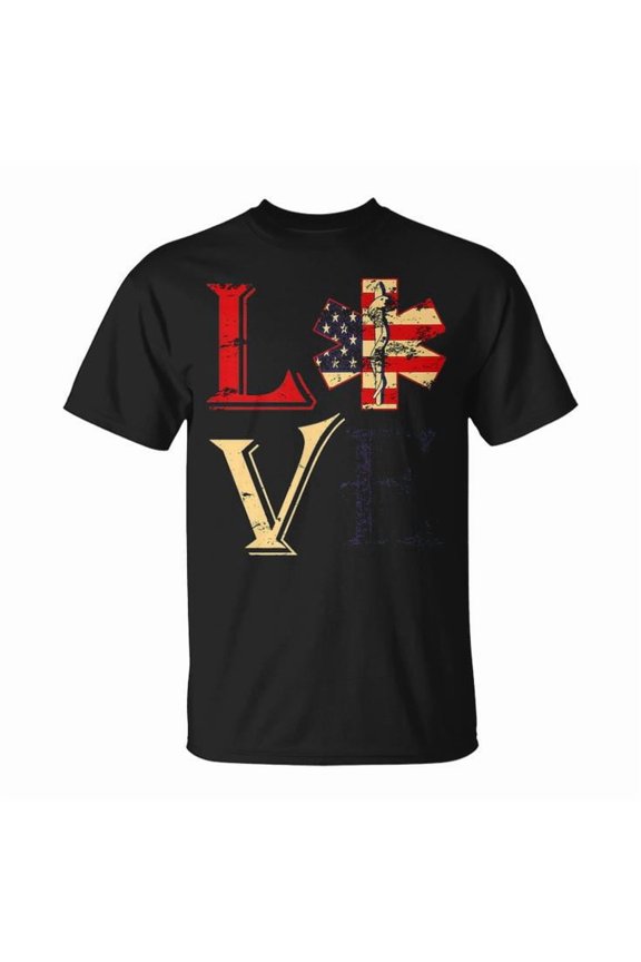 4th of July EMS EMT Patriotic Flag Distressed Graphic Tee Unisex Adult Cotton First Responder Pride Gift Casual Independence Day T-Shirt, Size L, Color Black