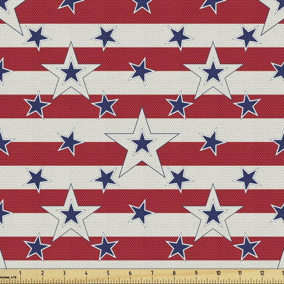 Ambesonne 4th of July Fabric by the Yard Upholstery, Stars of Freedom, 2 Yards, Royal Blue Beige Red