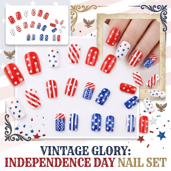 4th of July Fake Nails Press On Nails American Flag Independence Day 24Pcs Medium Square Glossy Stick on Nails with Star Stripes Design Easy to Apply Reusable Glue on False Nails