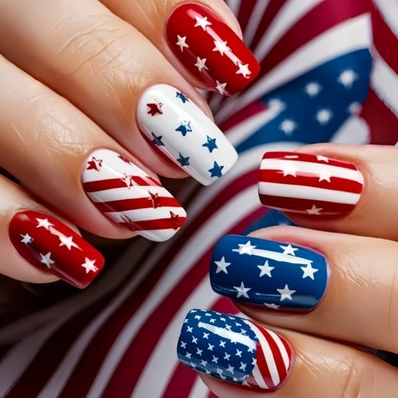 4th of July Fake Nails Red White Blue Press On Nails Medium Square Holiday Design 24Pcs Glossy Stick on False Nails with Star Stripes Patterns Reusable Glue on Nails for Independence Day Celebrations
