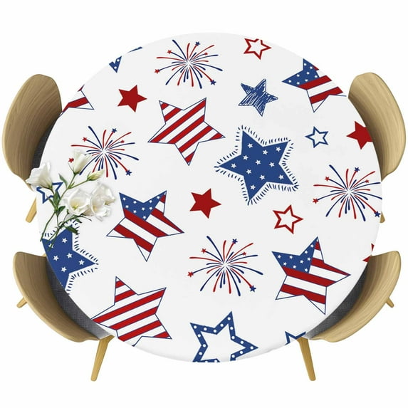 4th of July Fitted Tablecloth with Elastic Edged, Round Table Cloth for Dining Table, Independence Day Blue Red Star Fireworks Waterproof Oil Proof Table Cover for Indoor Outdoor 55"-60"