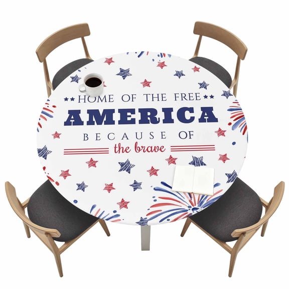 4th of July Fitted Tablecloth with Elastic Edged, Round Table Cloth for Dining Table, Independence Day Blue Red Star Fireworks Waterproof Oil Proof Table Cover for Indoor Outdoor 55"-60"