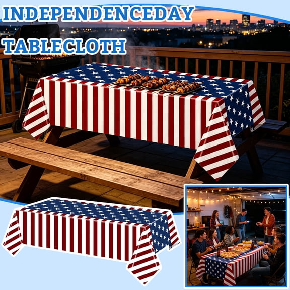 4th of July Flag Theme Tablecloth Patriotic Table Cover Memorial Day Independence Day Decorations Festive Party Dining Waterproof Plastic Tablecloths Overlays Ornaments 1pc