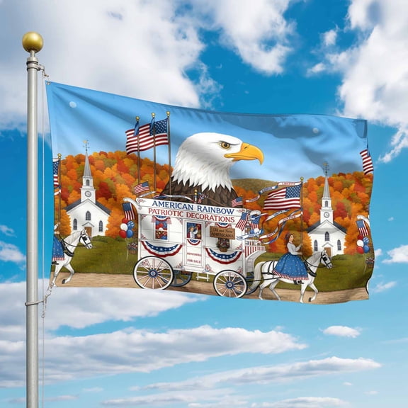 4th of July Flags for Outside 3x5 ft Bald Eagle Horse Carriage Outdoor Flags Double Sided Grommets House Banner American Village Scene Patio Yard Flag for Outdoor Party Porch Independence Day
