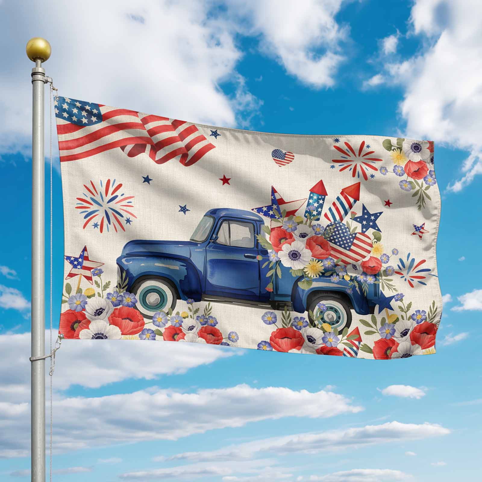 4th of July Flags for Outside 3x5 ft Fireworks Poppy Truck Outdoor Flags Double Sided Grommets USA Flag Patriotic Stars Stripes Patio Yard Flag for Outdoor Party Porch Independence Day