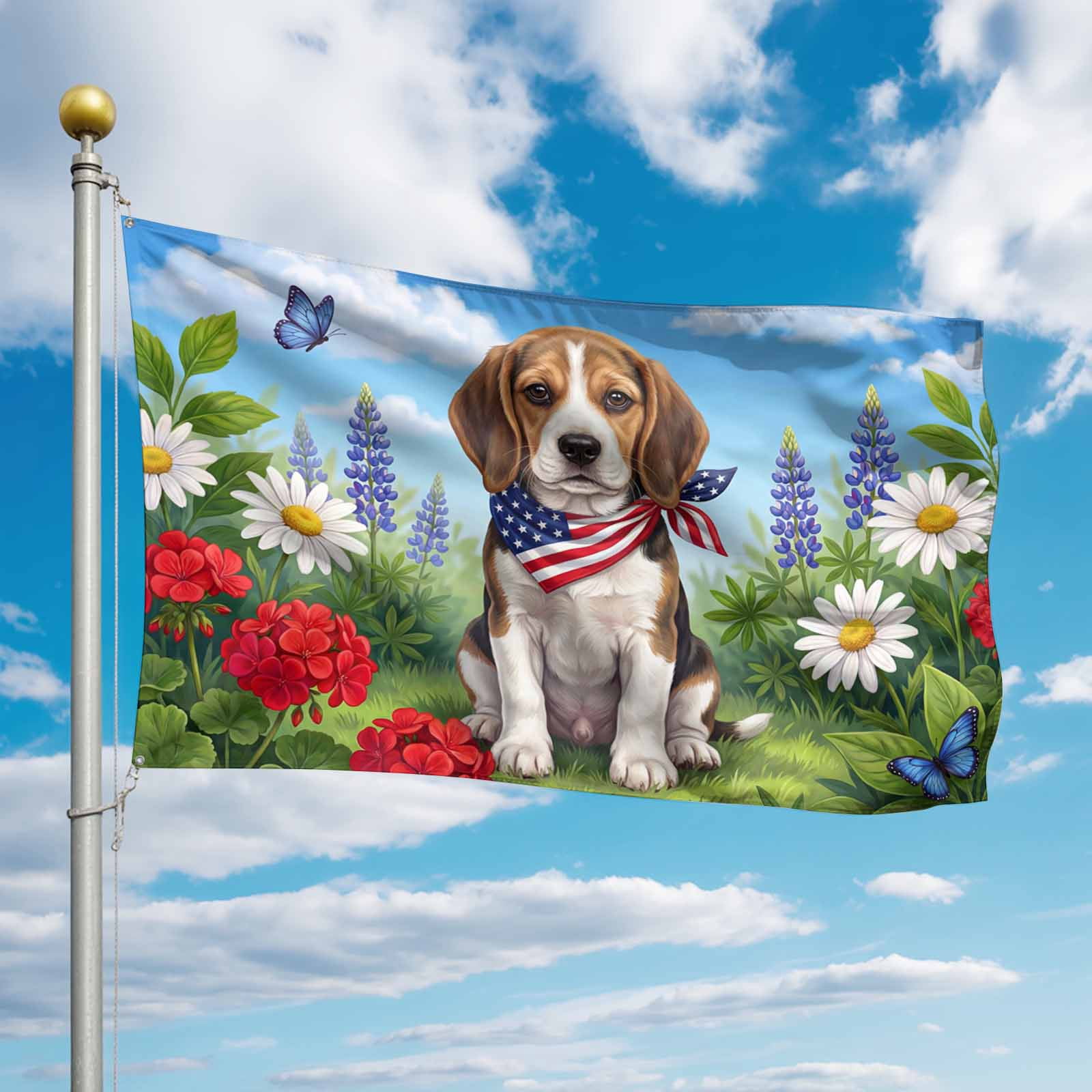 4th of July Flags for Outside 3x5 ft Patriotic Beagle Outdoor Flags Double Sided Grommets House Banner American Flag Sky Flower Patio Yard Flag for Outdoor Party Porch Independence Day Decor