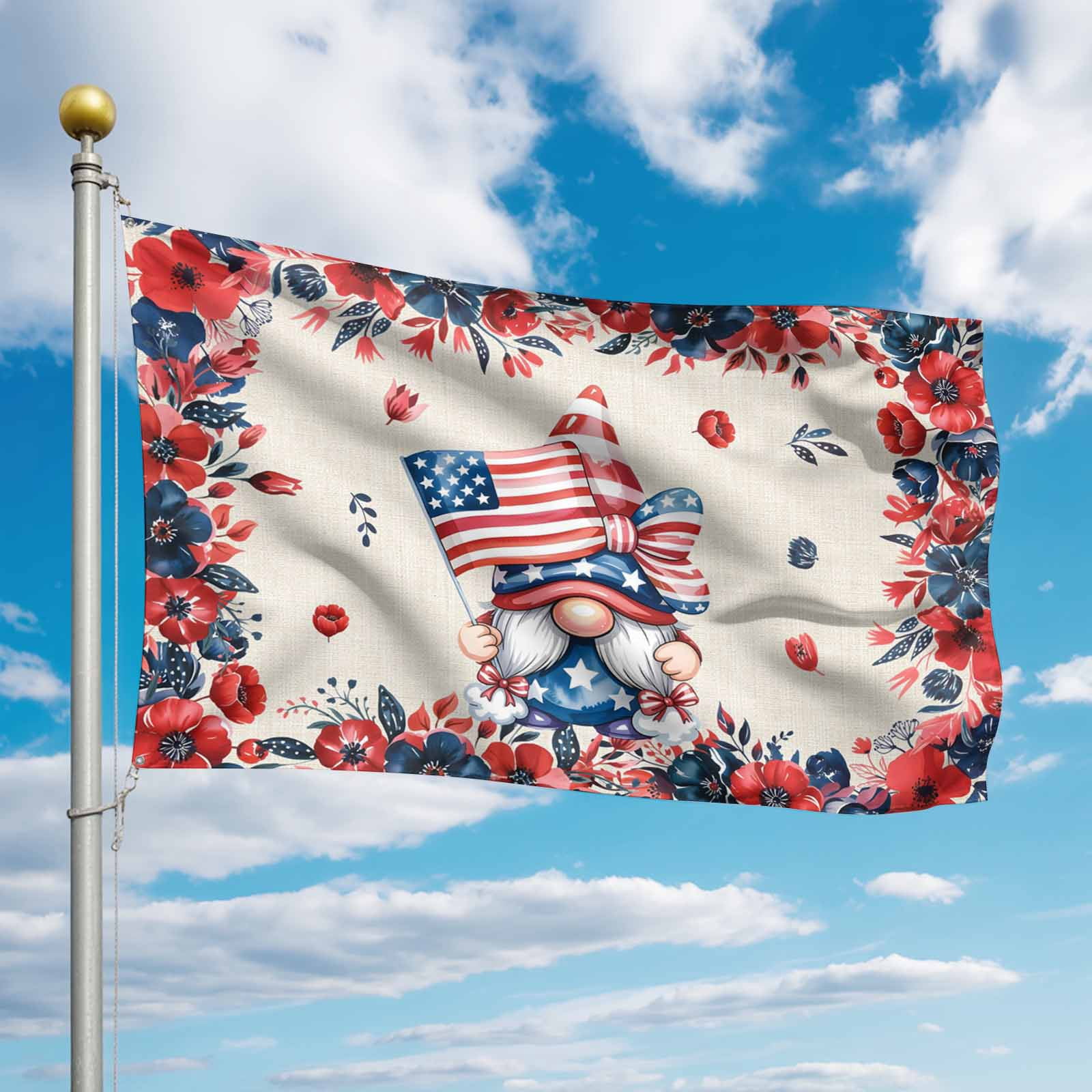 4th of July Flags for Outside 3x5 ft Patriotic Gnome Outdoor Flags Double Sided Grommets House Banner USA Flag Poppy Flower Patio Yard Flag for Outdoor Party Porch Independence Day Decor
