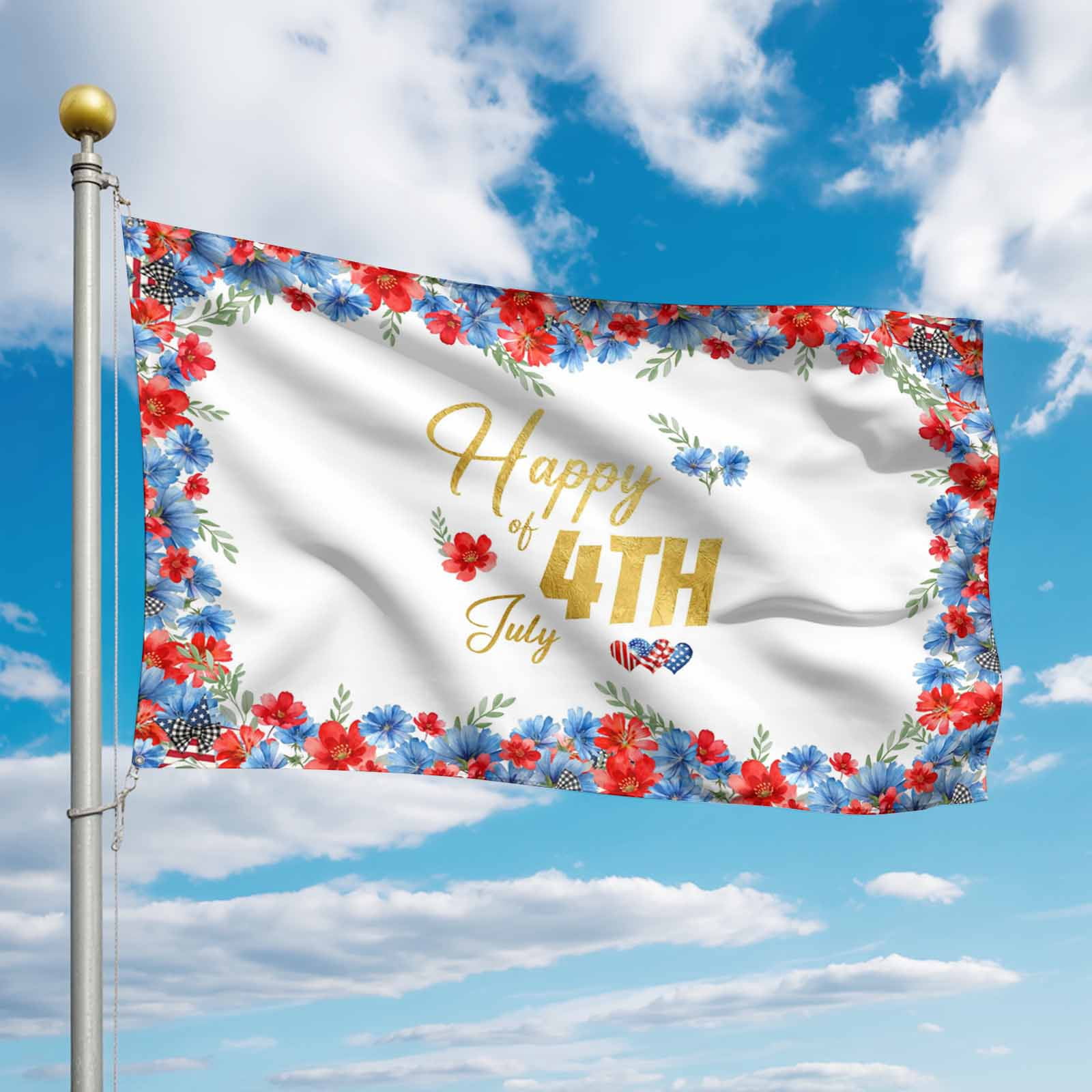 4th of July Flags for Outside 3x5 ft USA Flag Love Heart Outdoor Flags Double Sided Grommets House Banner Poppy Flower Gold July 4th Patio Yard Flag for Outdoor Party Porch Independence Day