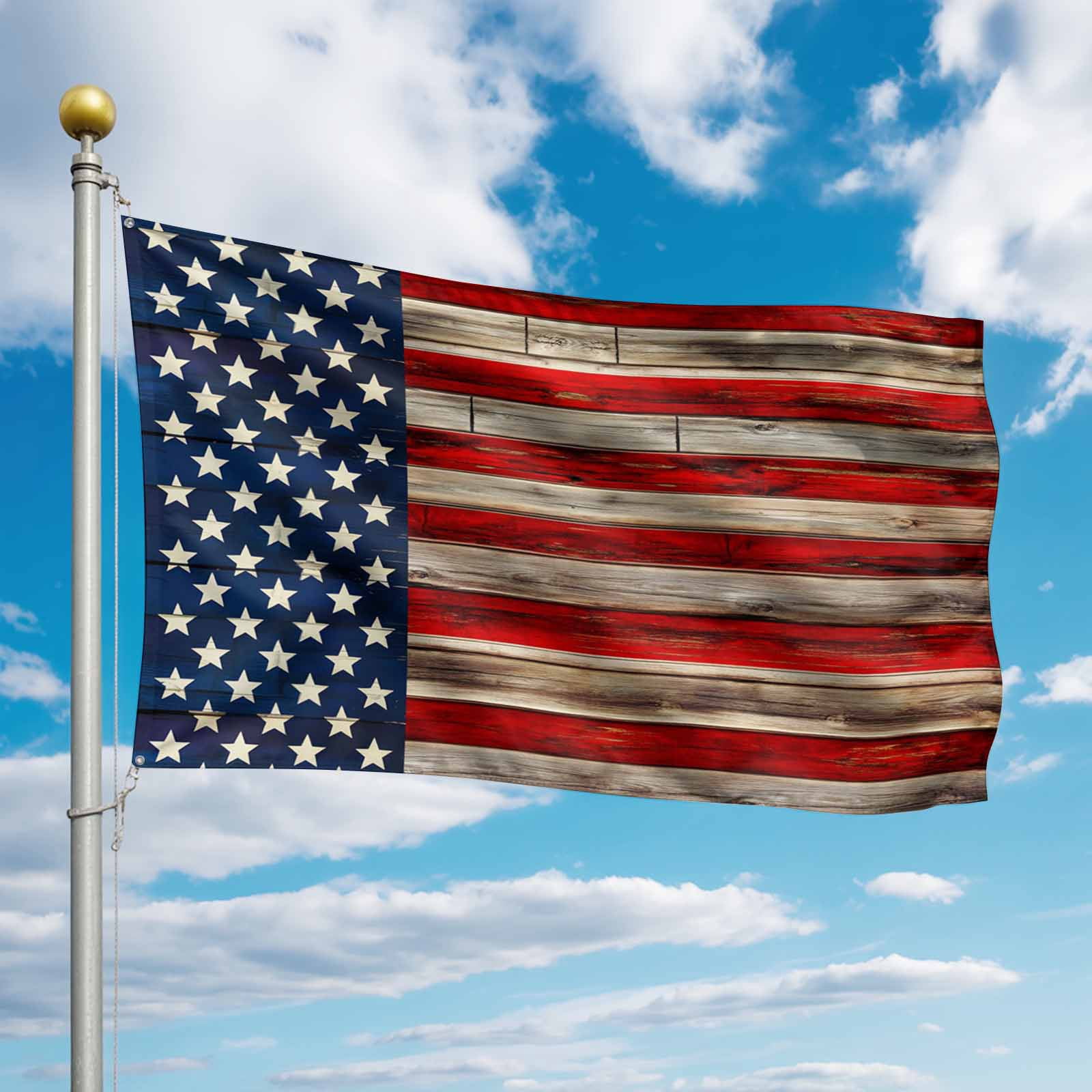 4th of July Flags for Outside 3x5 ft USA Flag Outdoor Flags Double Sided Grommets House Banner Patriotic Stars Stripes Retro Wood Grain Patio Yard Flag for Outdoor Party Porch Independence Day