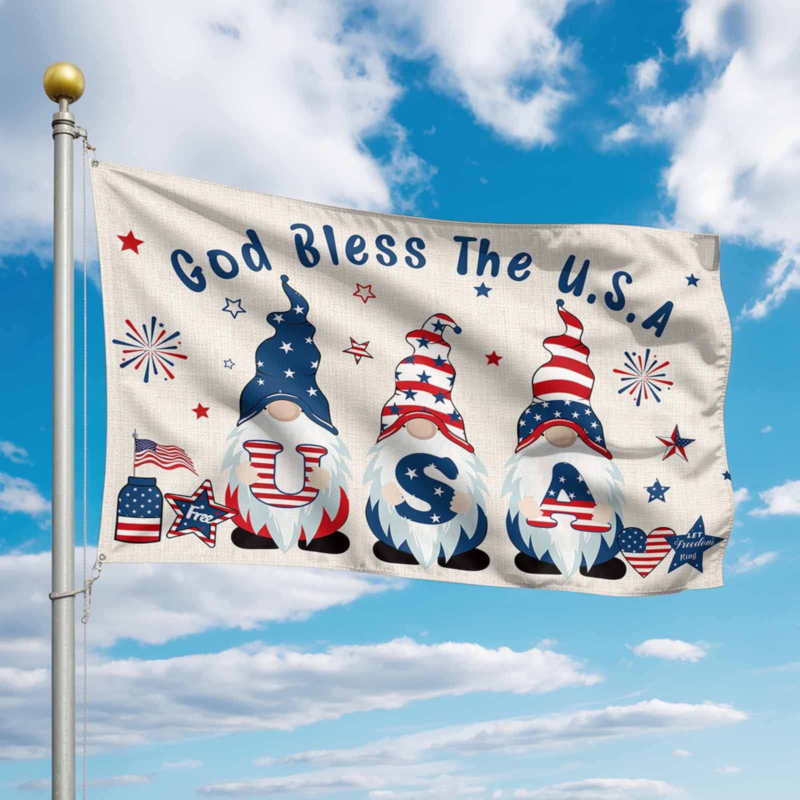 4th of July Flags for Outside 3x5 ft USA Flag Outdoor Flags Double Sided Grommets House Banner Stripes Stars Gnome Patio Yard Flag for Outdoor Party Porch Garden Independence Day Decor