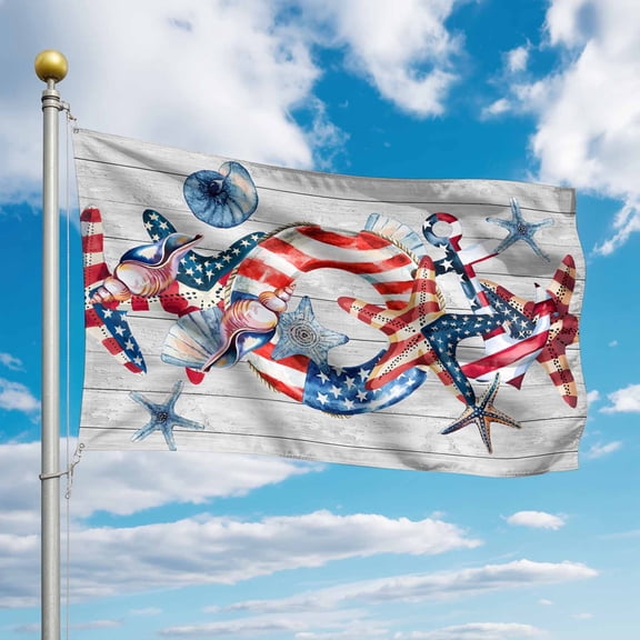 4th of July Flags for Outside 3x5 ft USA Starfish Outdoor Flags Double Sided Grommets House Banner Shell Conch Wood Grain Patio Yard Flag for Outdoor Party Porch Garden Independence Day Decor
