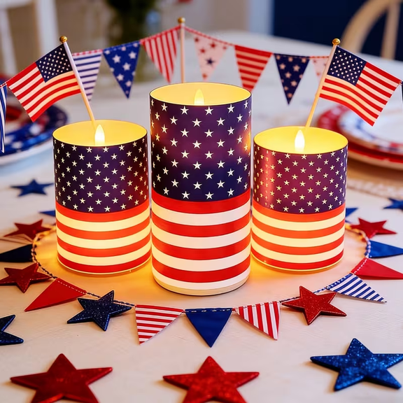 4th of July Flameless Candles, 12 Color Changing American Flag Star LED Candles with Remote & Timer, Flickering Patriotic Pillar Candles Battery Operated for Home Independence Day Decor