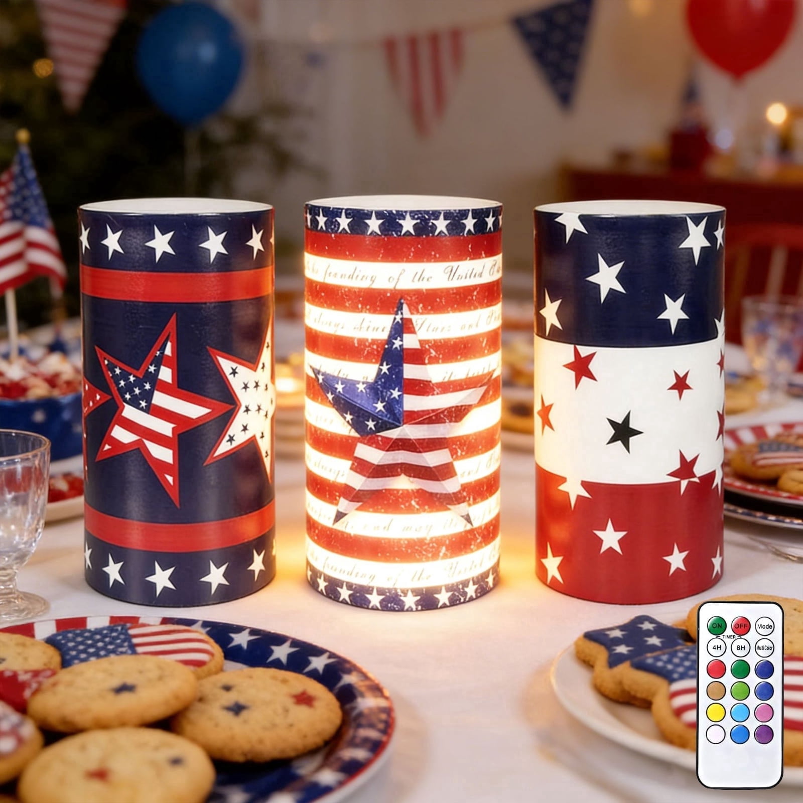 4th of July Flameless Candles, 12 Color Changing American Flag Star LED Candles with Remote & Timer, Flickering Patriotic Pillar Candles Battery Operated for Home Independence Day Decor