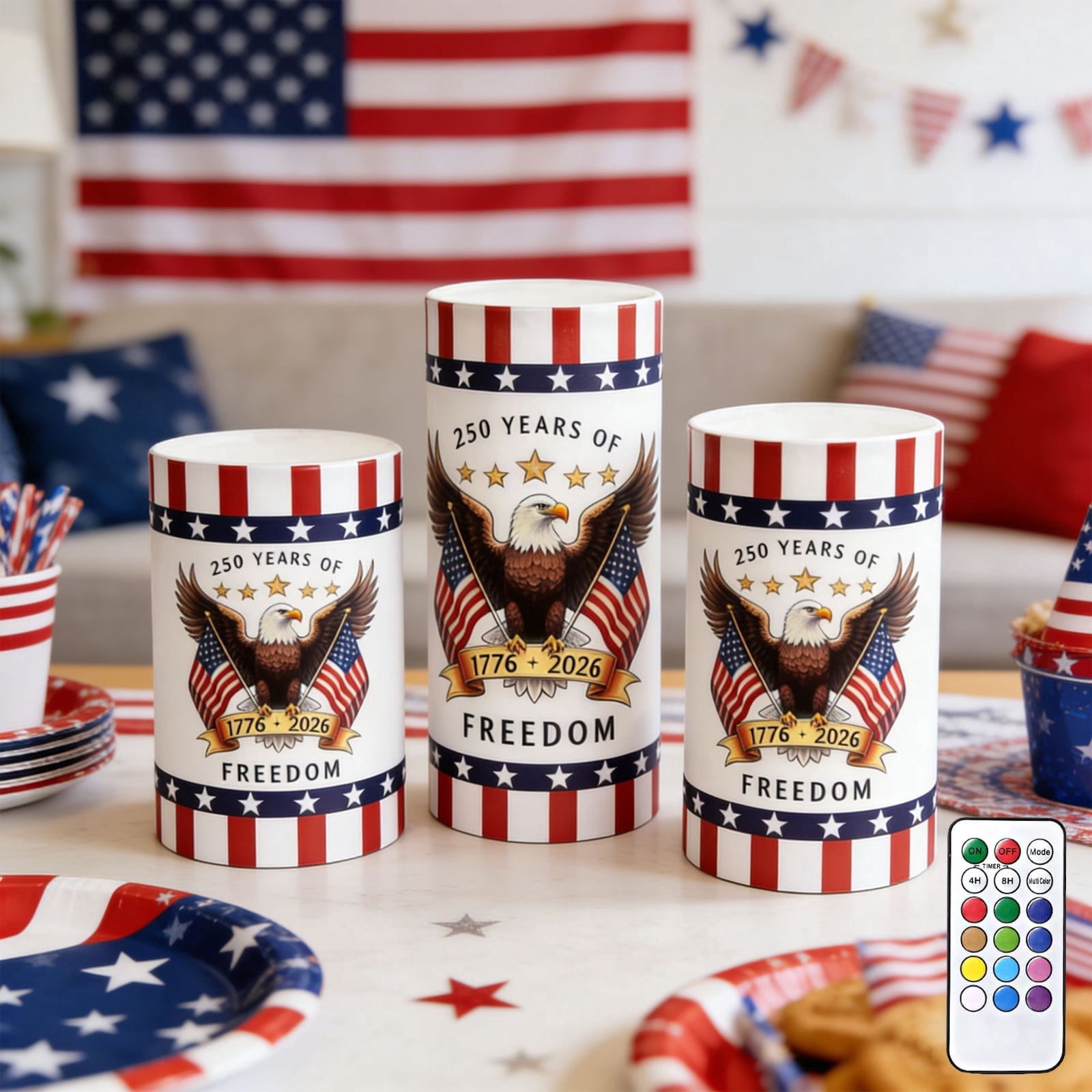 4th of July Flameless Candles, 12 Colors Changing Eagle Flag 250th Anniversary LED Candles with Remote & Timer, Flickering Patriotic Pillar Candles Battery Operated for Home Independence Day Decor
