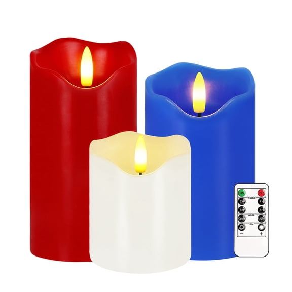 4th of July Flameless Candles, Set of 3 Patriotic LED Candles with Remote & Timer, Flickering Electric Pillar Candles Battery Operated, Red White Blue Candles for Home Independence Day Decor