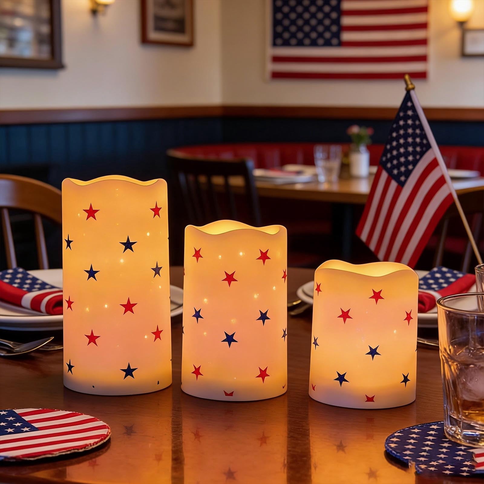 4th of July Flameless Pillar Candles with Remote Patriotic Decorations 3 Pack Patriotic Battery Operated Real Wax LED Candles for Independence Day Home Decorations Fireplace Table Star Candles