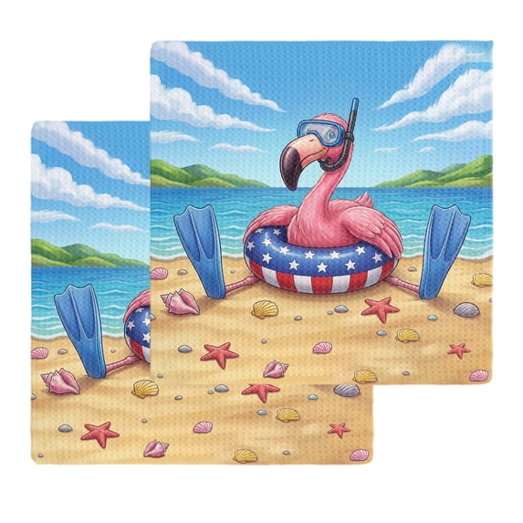 4th of July Flamingo Kitchen Dish Towels for Drying Dishes Set of 2, Coastal Beach Waves Mountains Sky Blue Waffle Weave Microfiber Hand Tea Bathroom Towels Quick Dry & Absorbent Towel 12x12