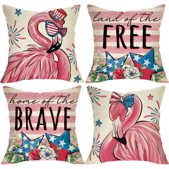 4th of July Flamingo Patriotic Decorative Throw Pillow Covers 18 x 18 Set of 4, Land of The Free Home of The Brave America Porch Outdoor Decor, Pink Stripes American USA Stars Couch Cushion Case