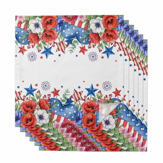 4th of July Floral Cloth Napkins, Blue Red Independence Day Stars Washable and Reusable Dinner Napkins Set of 6, Table Napkin for Kitchen Party Birthday Wedding Hotel Housewarming 20"x20"
