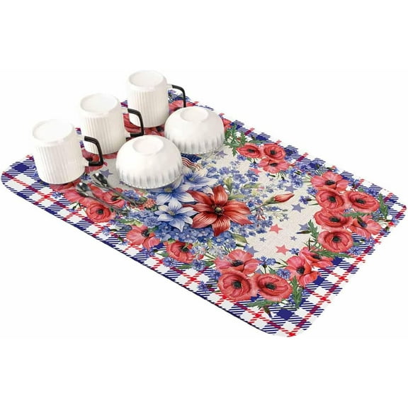 4th of July Floral Dish Drying Mat for Kitchen Counter, Super Absorbent Quick Dry Coffee Bar Mat Pad Thin Diatomaceous Sink Mat Non Slip Dish Drainer Mat 16''''x18'''' Blue Red Plaid Independence Day