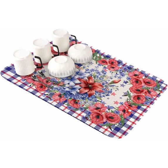4th of July Floral Dish Drying Mat for Kitchen Counter, Super Absorbent Quick Dry Coffee Bar Mat Pad Thin Diatomaceous Sink Mat Non Slip Dish Drainer Mat 16''''x18'''' Blue Red Plaid Independence Day