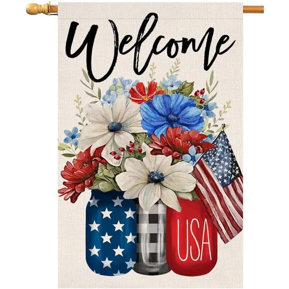 4th of July Floral House Flag 28 x 40 Vertical Double Sided Patriotic Mason Jar Flowers Red Blue Memorial Day Independence Day Holiday Outside Decorations Burlap Yard Flag BW337-40