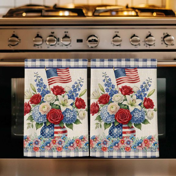4th of July Floral Kitchen Towels Set of 1, Vintage Roses Blue Plaid Patriotic Absorbent Dish Towels for Kitchen, Microfiber Hand Towel, Quick Drying Tea Towel for Cleaning Decorative Dishcloths