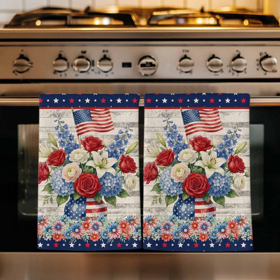 4th of July Floral Kitchen Towels Set of 4, USA Star Vintage Roses Patriotic American Star Absorbent Dish Towels for Kitchen, Microfiber Hand Towel, Quick Drying Tea Towel for Cleaning Dishcloths