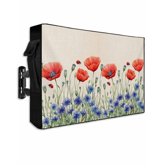 4th of July Floral Outdoor TV Cover 40 to 43 Inch Weatherproof, Patriotic Poppy Flower Red Blue 600D Oxford TV Covers with Waterproof Zipper, Outside Flat TV Screen Protector Size 40"W x 25"H x 4.5"D