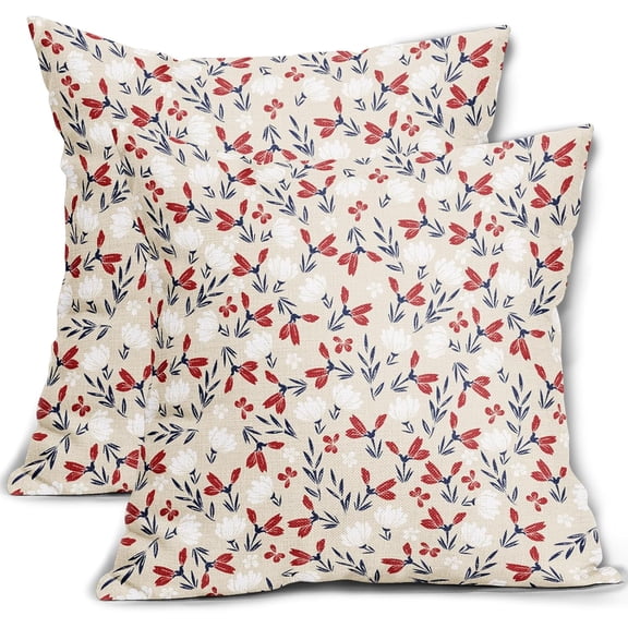 4th of July Floral Pillow Covers 16x16 Set of 2 Vintage Rustic Old Style Navy Blue Red White Flower Print Decorative Outdoor Pillowcases Patriotic Throw Cushion Case Decor for Couch Sofa Bed