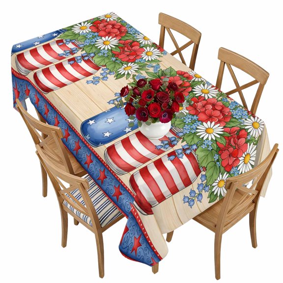 4th of July Floral Rectangle Tablecloth 54 x 108 250 Years Anniversary Flower Wood Waterproof & Stain Resistance Table Cloth Decorative Fabric Table Cover for Dinning/Party/Buffet/Banquet