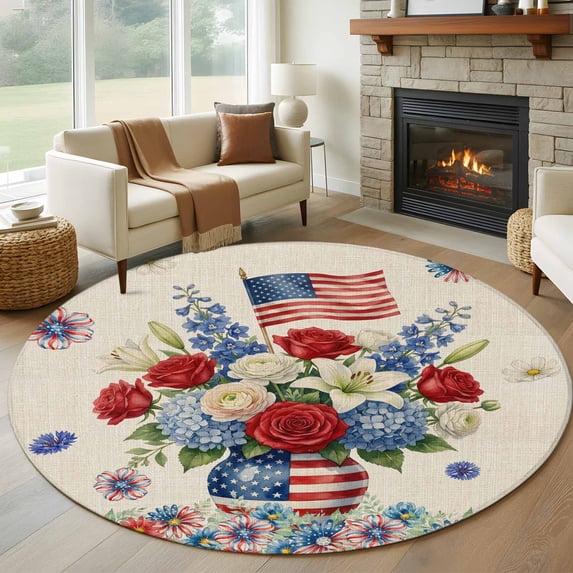 4th of July Floral Round Area Rug 7Ft Washable Circle Rugs for Dorm Laundry Room, Vintage Red Blue Roses Patriotic Non-Slip Carpet Floor Mats Indoor Outdoor Carpet Runner Aesthetic Home Decor