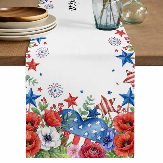 4th of July Floral Table Runner 72 Inches, Blue Red Independence Day Stars Bed Runner Dresser Scarves Tabletop for Indoor Outdoor Parties/Ceremony/Banquet, 14" x 72"